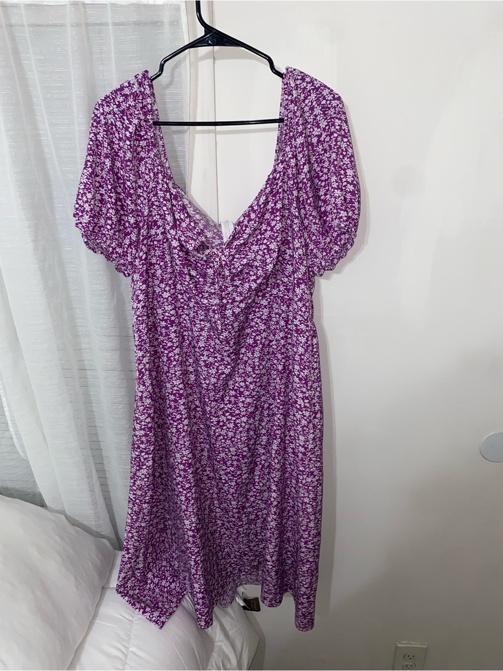 Purple Floral Midi Dress with Puff Sleeves